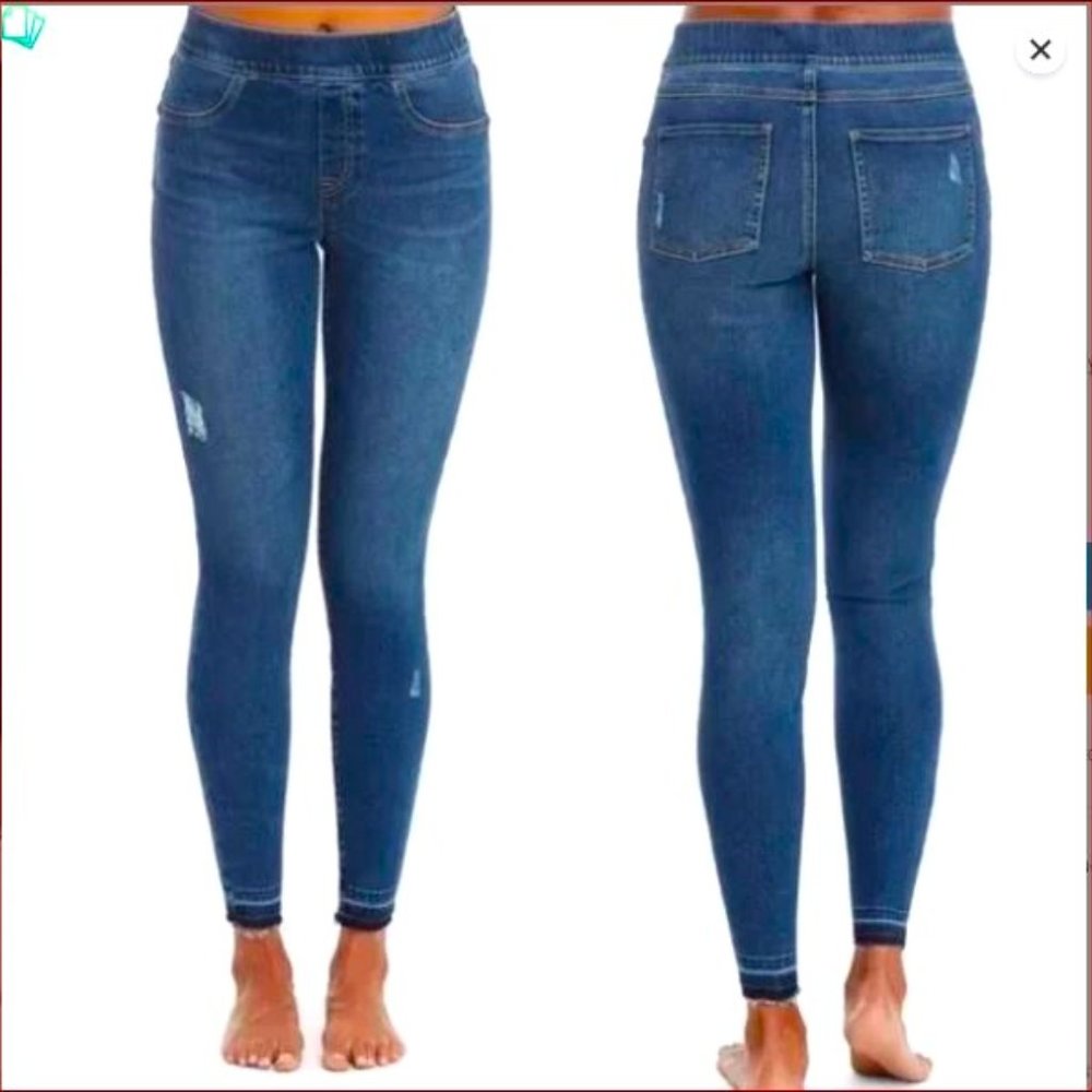 Spanx Demin  Distressed High Rise Elastic Waist Jeggings Released Hem Shaping S